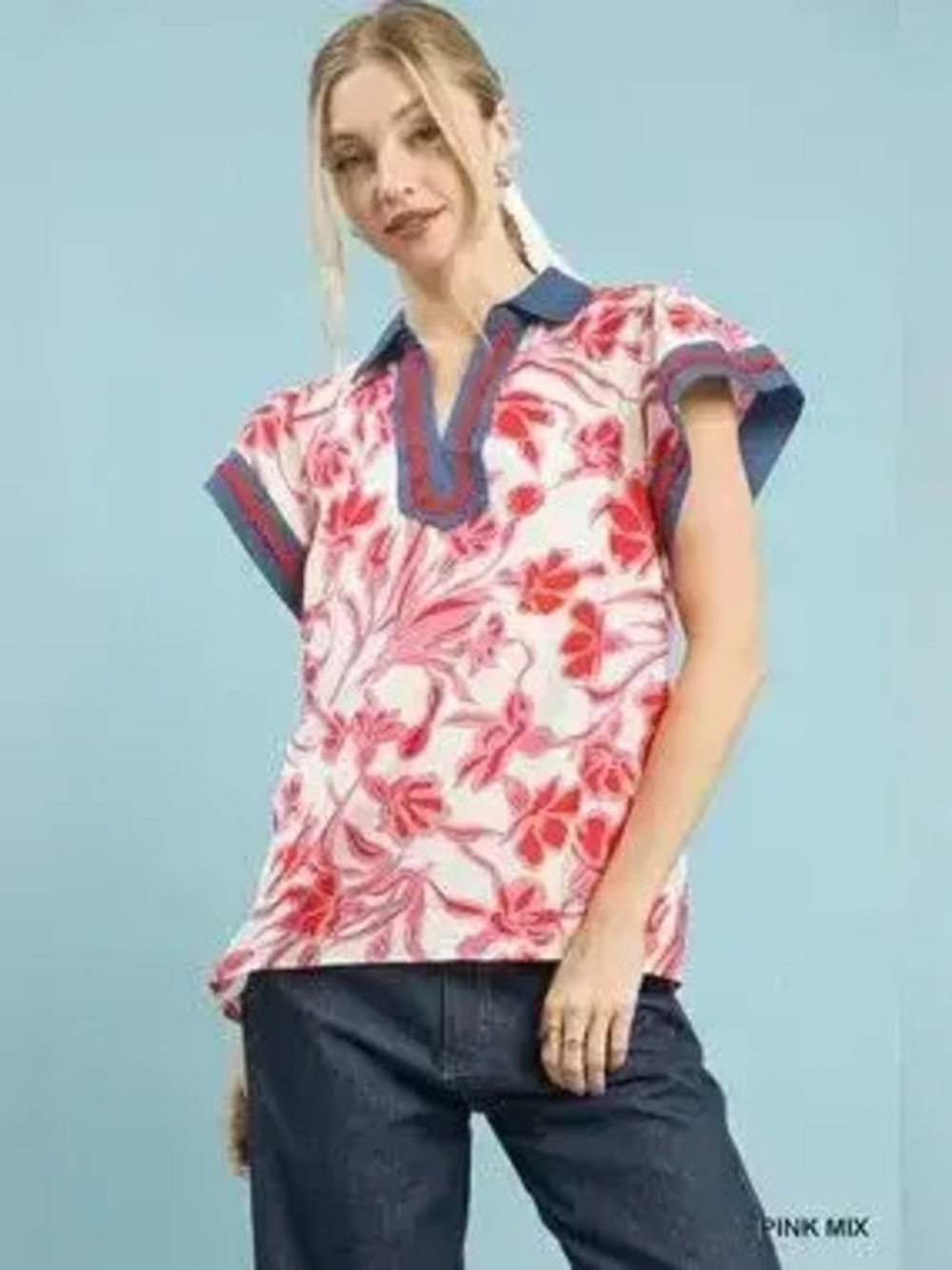 Umgee Floral Split Neck Top - Picture 1 of 7